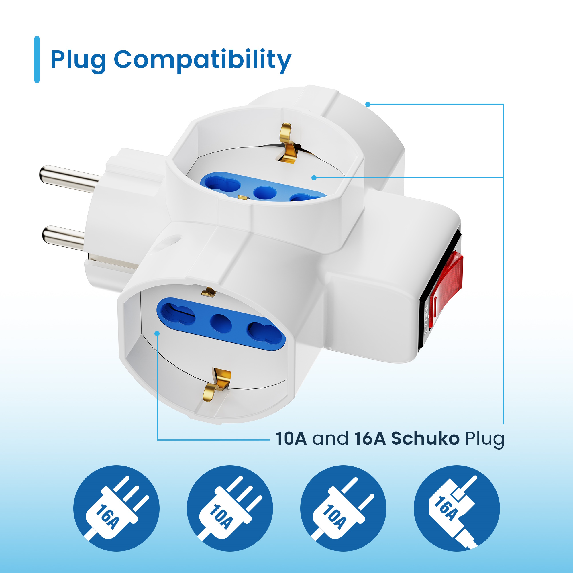 EW1189 | Power adapter 3-ways with Schuko Plug 16A | Ewent | distributori informatica